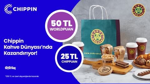 1-31 Temmuz 2026 tarihleri arasında World kampanyası kapsamında Chippin üzerinden Kahve Dünyası'ndan tek seferde yapılacak 250 TL ve üzeri alışverişlerinizde Chippin'de geçerli 50 TL Worldpuan ve 25 TL ChipPuan kazanılacaktır.