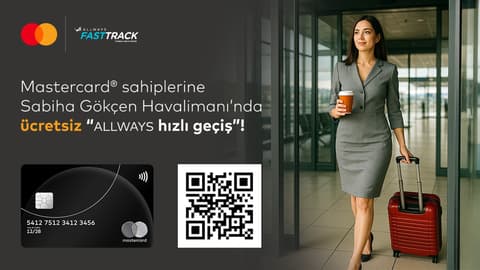 Silver logolu Mastercard sahipleri 1 Mayıs 2025 – 30 Nisan 2026 tarihleri arasında Sabiha Gökçen Havalimanı'nda ALLWAYS Fast Track/Hızlı Geçiş hizmetinden ücretsiz faydalanabiliyor!