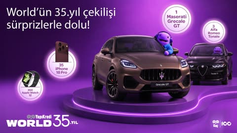 World'ün 35. yılına özel tek seferde yapacağınız harcamalarda her 350 TL için 1 çekiliş hakkı kazanın, harcamayı World Pay ile yapın çekiliş hakkınızı katlayın; 1 Maserati Grecale GT, 3 Alfa Romeo Tonale, 35 iPhone 18 Pro, 350 Apple Watch hediyelerinden birini kazanma şansı yakalayın!