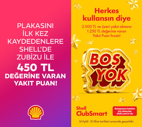 SHELL'DE ZUBİZU İLE 450 TL'YE VARAN + BOŞ YOK İLE 1.250 TL'YE VARAN YAKIT PUAN