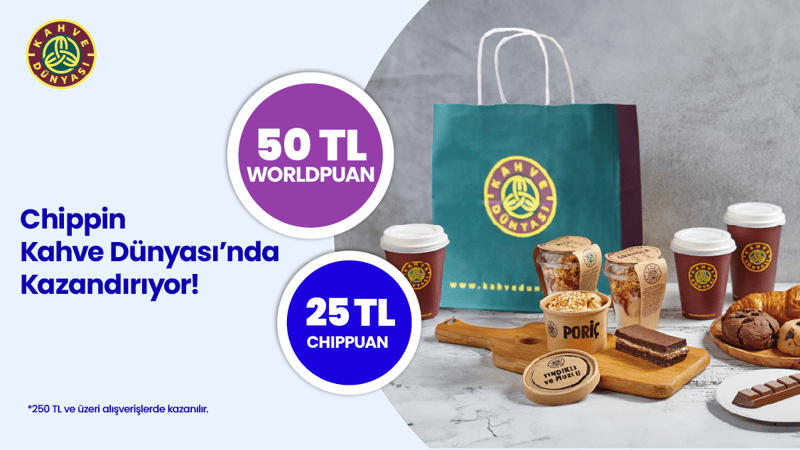 3-30 Eylül 2026 tarihleri arasında World kampanyası kapsamında Chippin üzerinden Kahve Dünyası'ndan tek seferde yapılacak 250 TL ve üzeri alışverişlerinizde Chippin'de geçerli 50 TL Worldpuan ve 25 TL ChipPuan kazanılacaktır.
