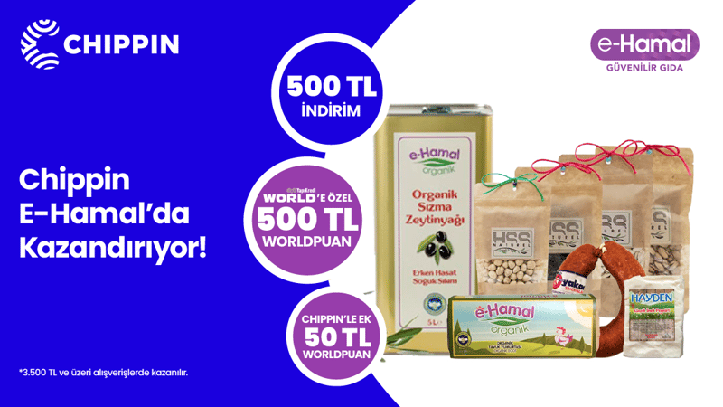 e-Hamal.com'da 3.500 TL alışverişe 500 TL Worldpuan ve 500 TL indirim! Chippin uygulaması üzerinden yapacağınız alışverişinize ek 50 TL Worldpuan!