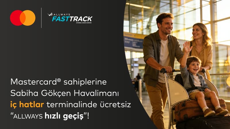 Silver logolu Mastercard sahipleri 31 Aralık 2026 tarihine kadar Sabiha Gökçen Havalimanı iç hatlar terminalinde ALLWAYS Fast Track/Hızlı Geçiş hizmetinden ücretsiz faydalanabiliyor!