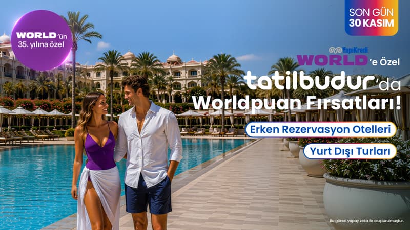 World'ün 35. yılına özel 26 Ekim-30 Kasım 2026 tarihleri arasında Tatilbudur.com, TatilBudur mobil uygulaması ,TatilBudur çağrı merkezi ve acenteler üzerinden tek seferde yapılacak peşin, 3 taksitli veya 6 taksitli alışverişlerde seçili yurt içi otel ve seçili yurt dışı tur rezervasyonlarında geçerli; 45.000 TL-69.999 TL arası harcamaya 2.535 TL, 70.000 TL - 119.999 TL arası harcamaya 5.535 TL, 120.000 TL ve üzeri harcamaya 7.535 TL Worldpuan!